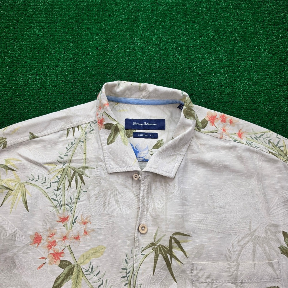 Tommy Bahama Shirt Mens XL Cream Blue 100% Silk Jacquard Floral Camp Tropical - Picture 2 of 11